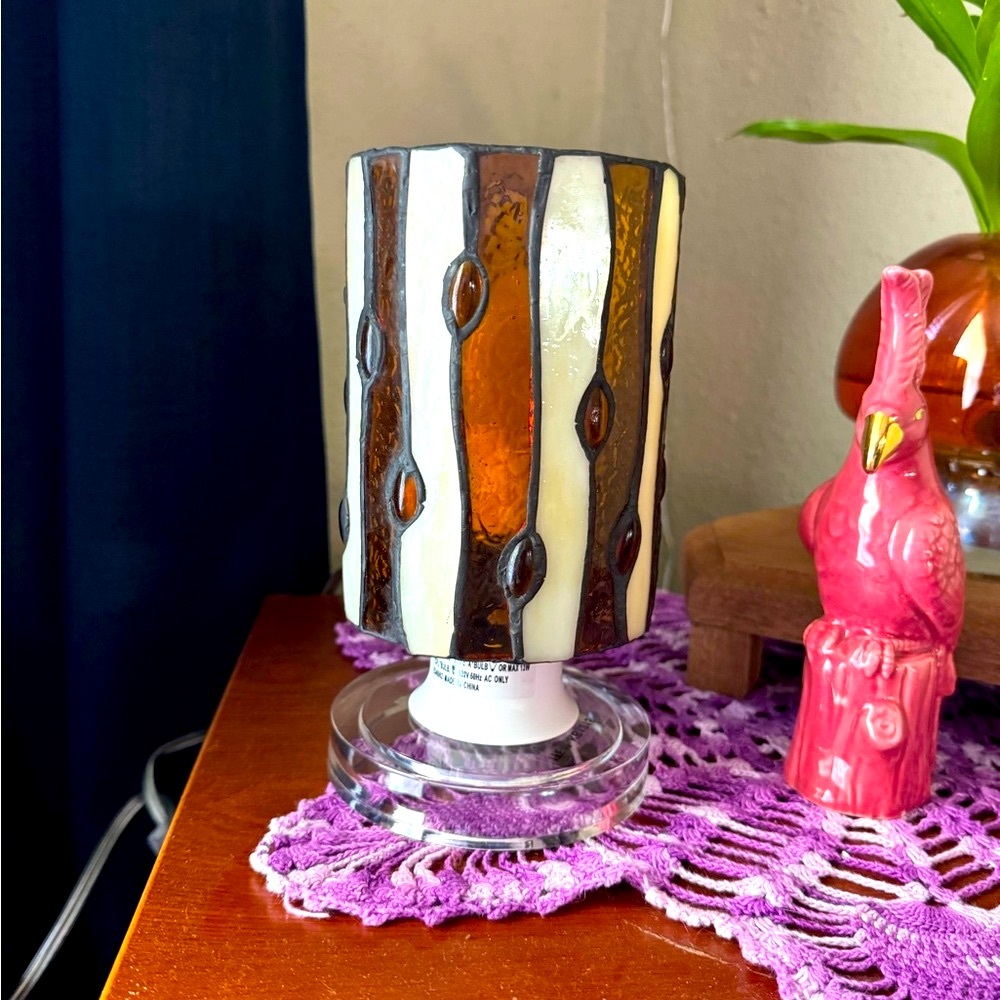 Tiffany Inspired Stained Glass Table Lamp with Orange and Black Accents - Picture 2 of 10